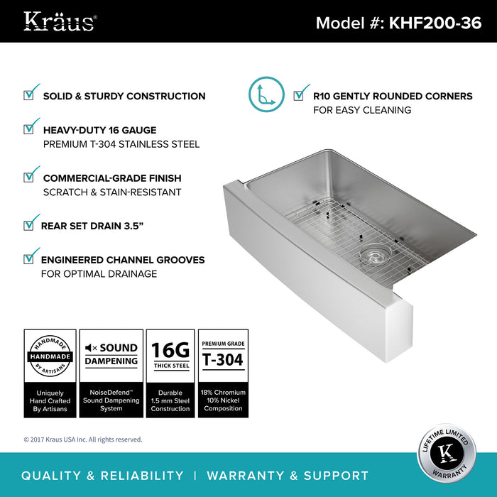 KRAUS KHF200-36 36 Inch Farmhouse Single Bowl Stainless Steel Kitchen Sink with NoiseDefend Soundproofing