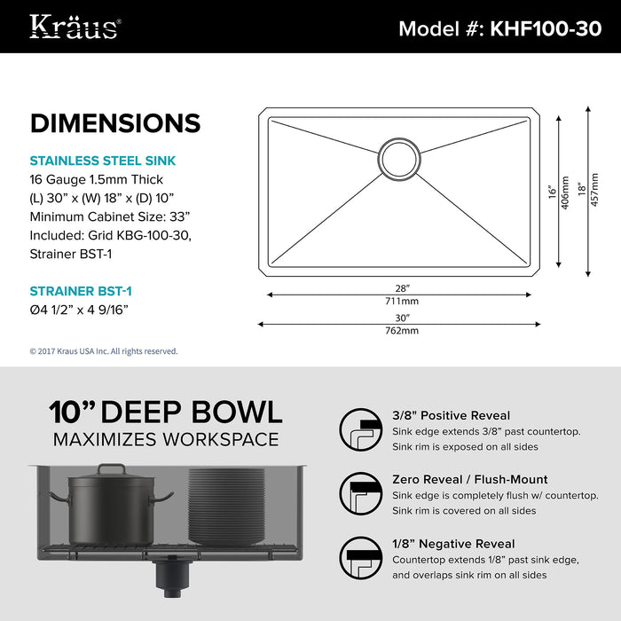 KRAUS KHU100-30 30 Inch Undermount Single Bowl 16 Gauge Stainless Steel Kitchen Sink with NoiseDefend Soundproofing