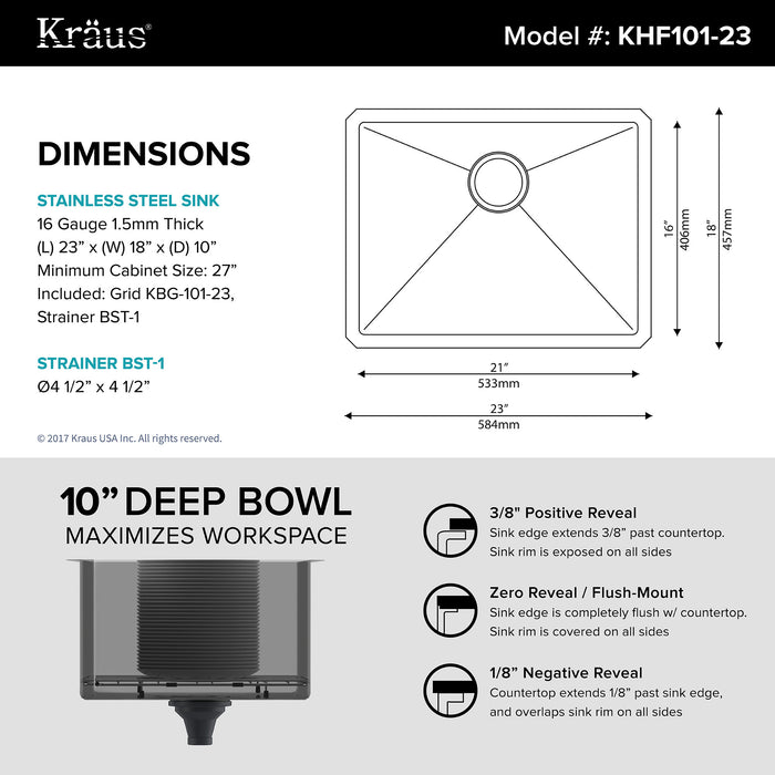 KRAUS KHU101-23 23 Inch Undermount Single Bowl 16 Gauge Stainless Steel Kitchen Sink with NoiseDefend Soundproofing