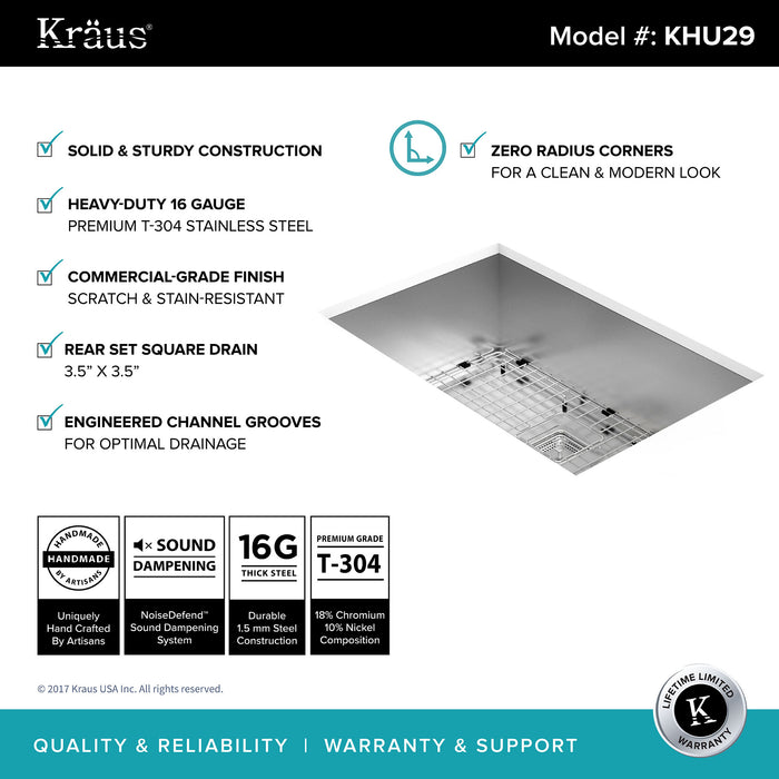 KRAUS KHU29 Pax Zero-Radius 28 Inch Handmade Undermount Single Bowl 16 Gauge Stainless Steel Kitchen Sink with NoiseDefend Soundproofing