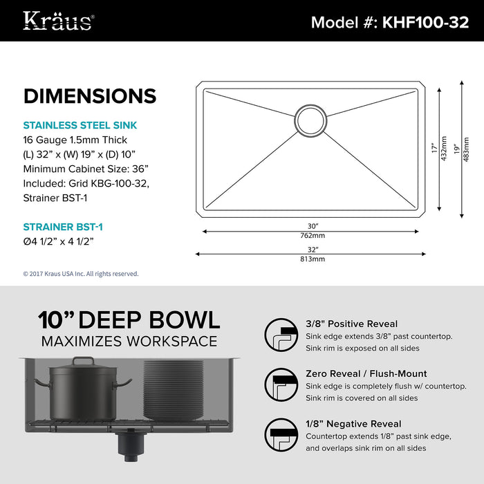 KRAUS KHU100-32 32 Inch R20 Undermount Single Bowl 16 Gauge Stainless Steel Kitchen Sink with NoiseDefend Soundproofing