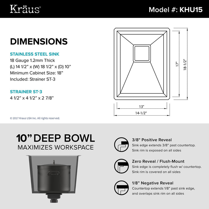 KRAUS KHU15 Pax Zero-Radius 14 Inch Handmade Undermount Single Bowl 18 Gauge Stainless Steel Bar Sink with NoiseDefend Soundproofing