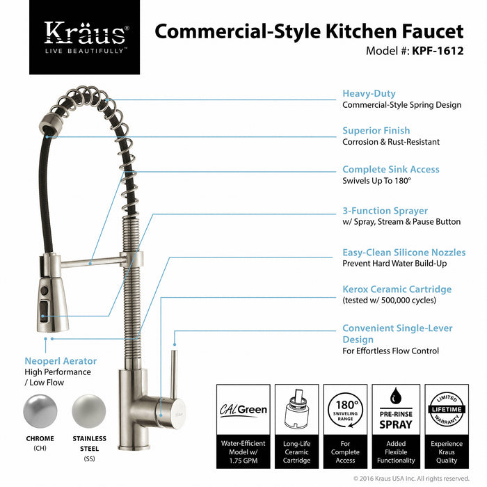 KRAUS KPF-1612SS Commercial-Style Single-Handle Kitchen Faucet with Pull Down Three-Function Sprayer in Stainless Steel