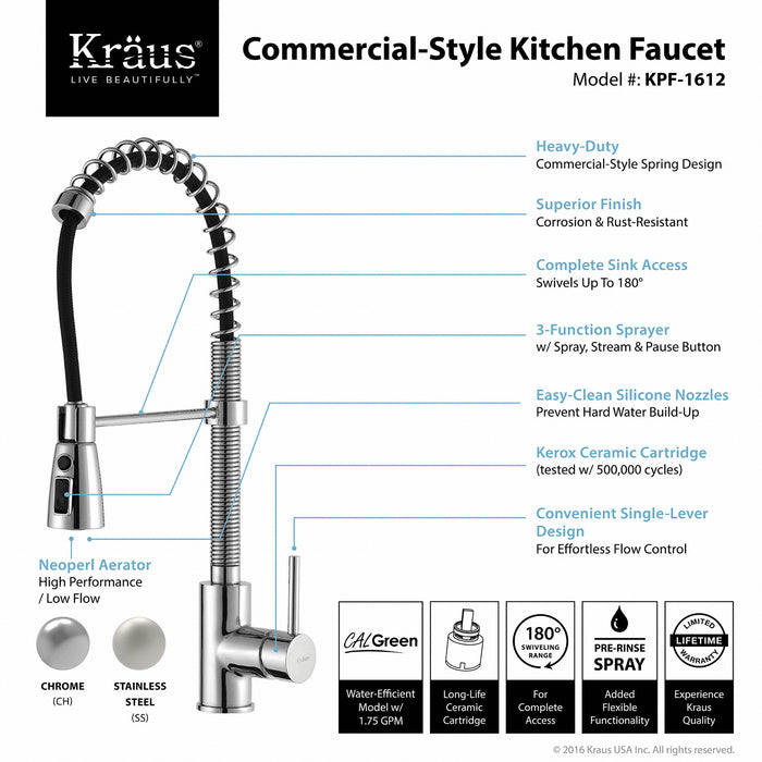 KRAUS KPF-1612CH Commercial-Style Single-Handle Kitchen Faucet with Pull Down Three-Function Sprayer