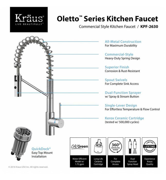 KRAUS Oletto Single-Handle Commercial Style Kitchen Faucet with Dual-Function Sprayer in Stainless Steel